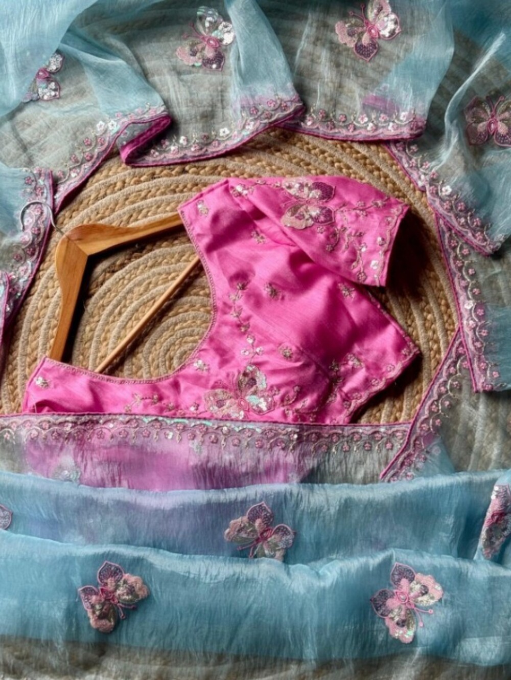Embroidered Pink Blouse with Light Blue Organza  Saree